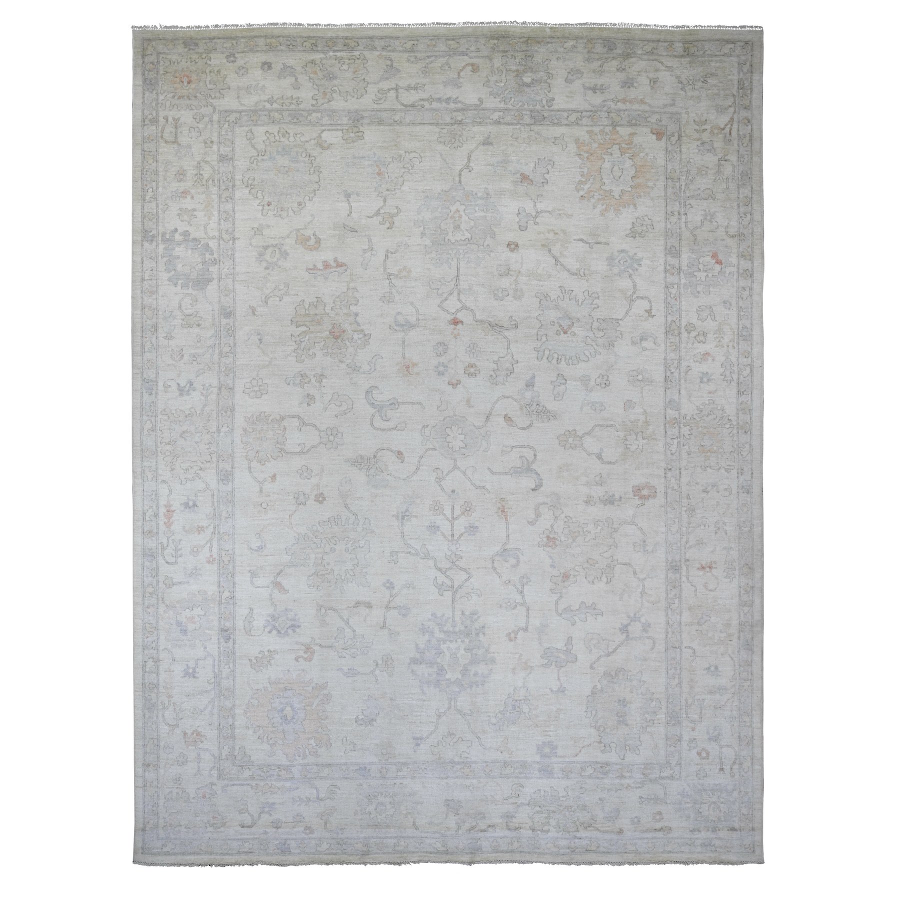 Linen White, Afghan Angora Oushak with All Over Design, Hand Knotted, 100% Wool, Vegetable Dyes, Oriental Rug